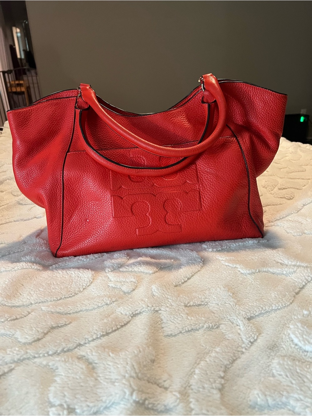 Tory Burch Red Oragnge Pebbled Leather Tote with Embossed Logo